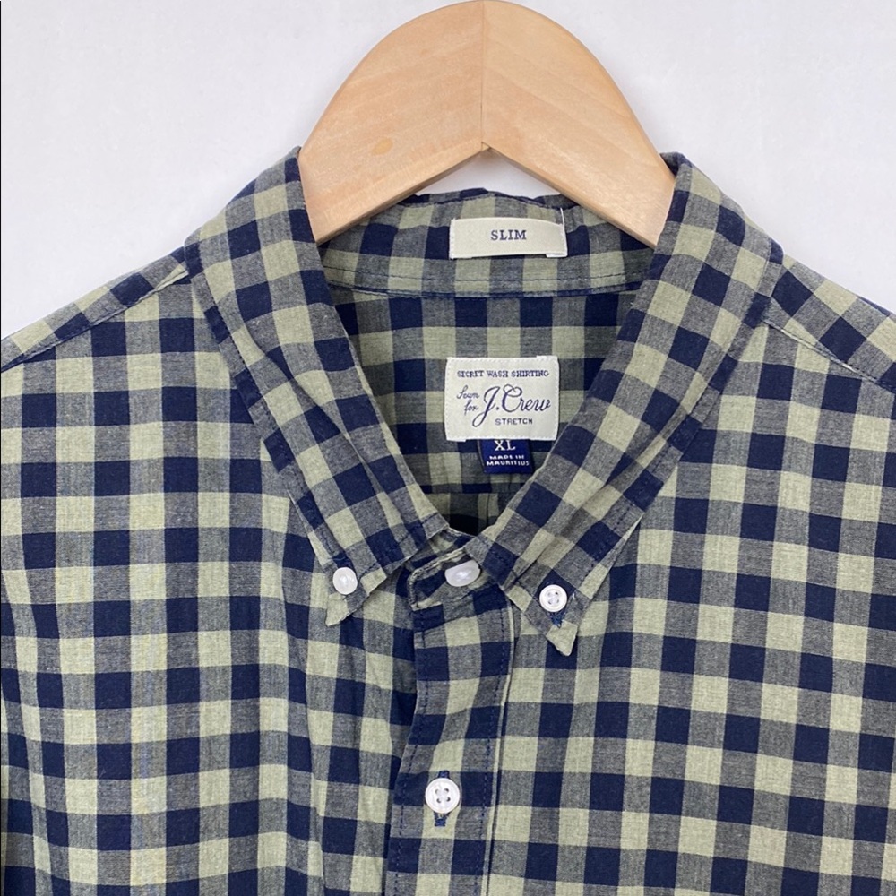 J.Crew XL Secret Wash Casual Shirt Gingham Navy Olive Green Button- Down Cotton